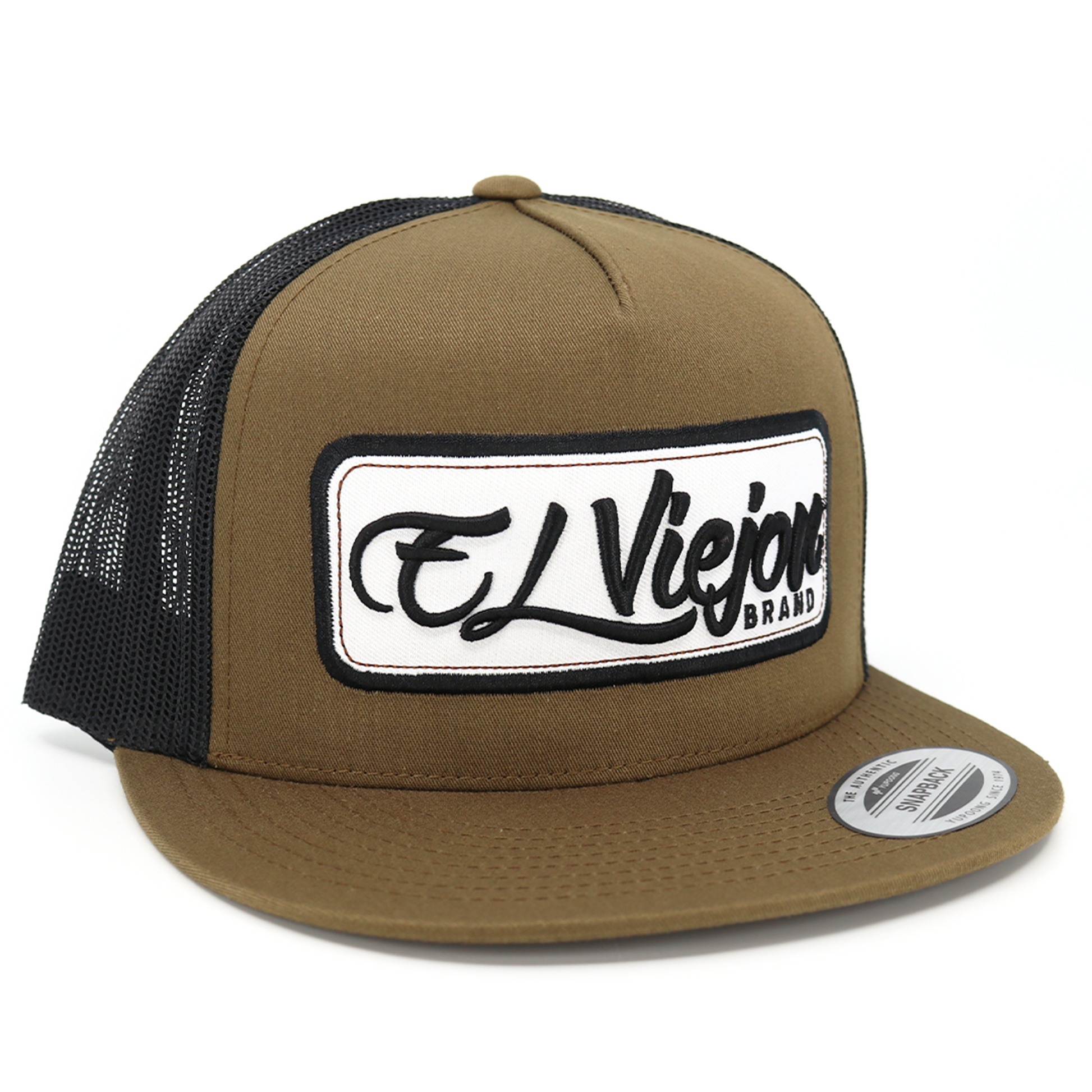 EVPatch Coyote/Black Yupoong Classic trucker hat with flat visor and "El Viejon Brand" patch.