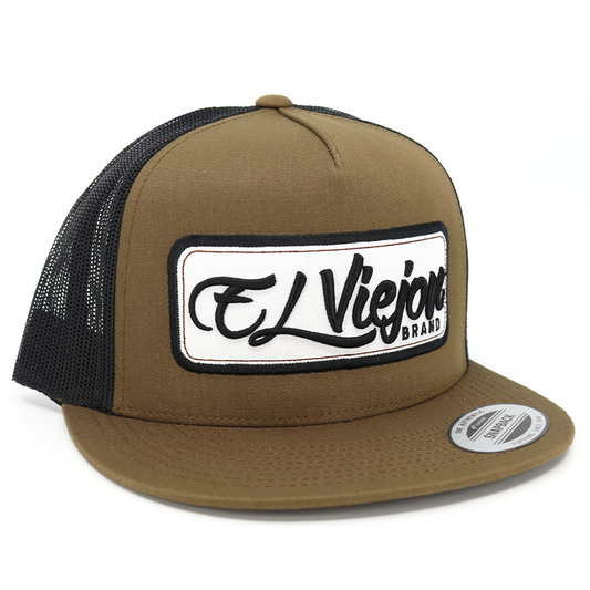 EVPatch Coyote/Black Yupoong Classic trucker hat with flat visor and "El Viejon Brand" patch.