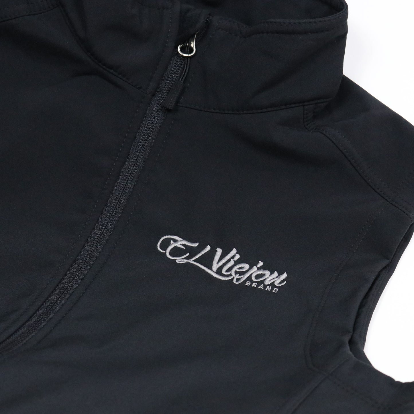 Black El Viejon Brand vest with charcoal logo, full zip, and cadet collar.