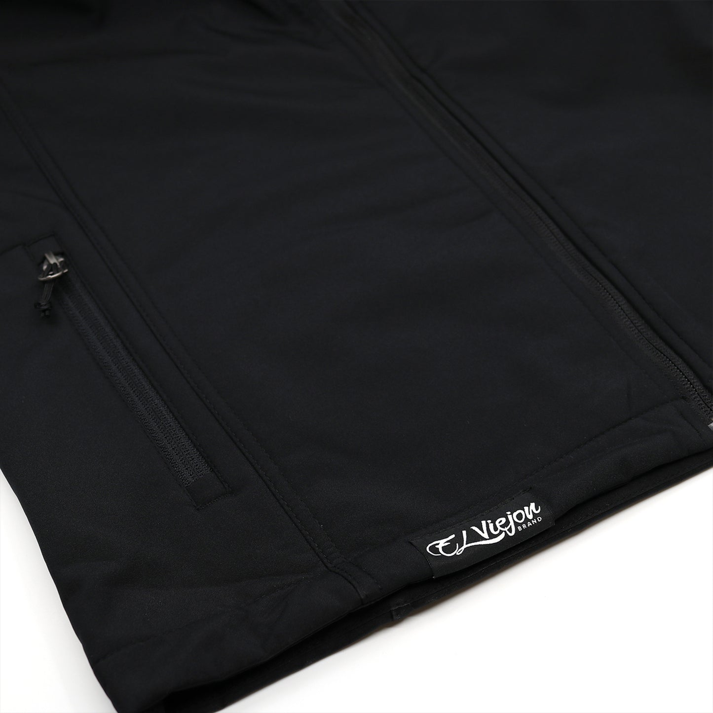 El Viejon Brand black polyester vest with charcoal logo, front zipper, and zippered pocket.