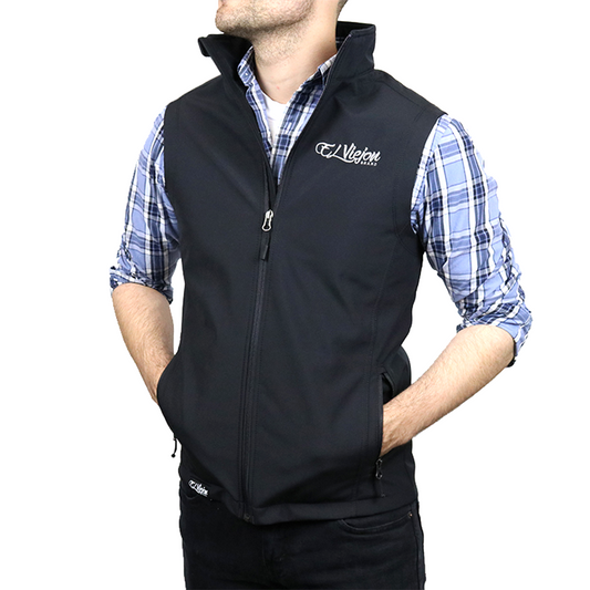 Black El Viejon Brand Vest with charcoal logo, full zip, cadet collar, and front pockets, worn over a plaid shirt.
