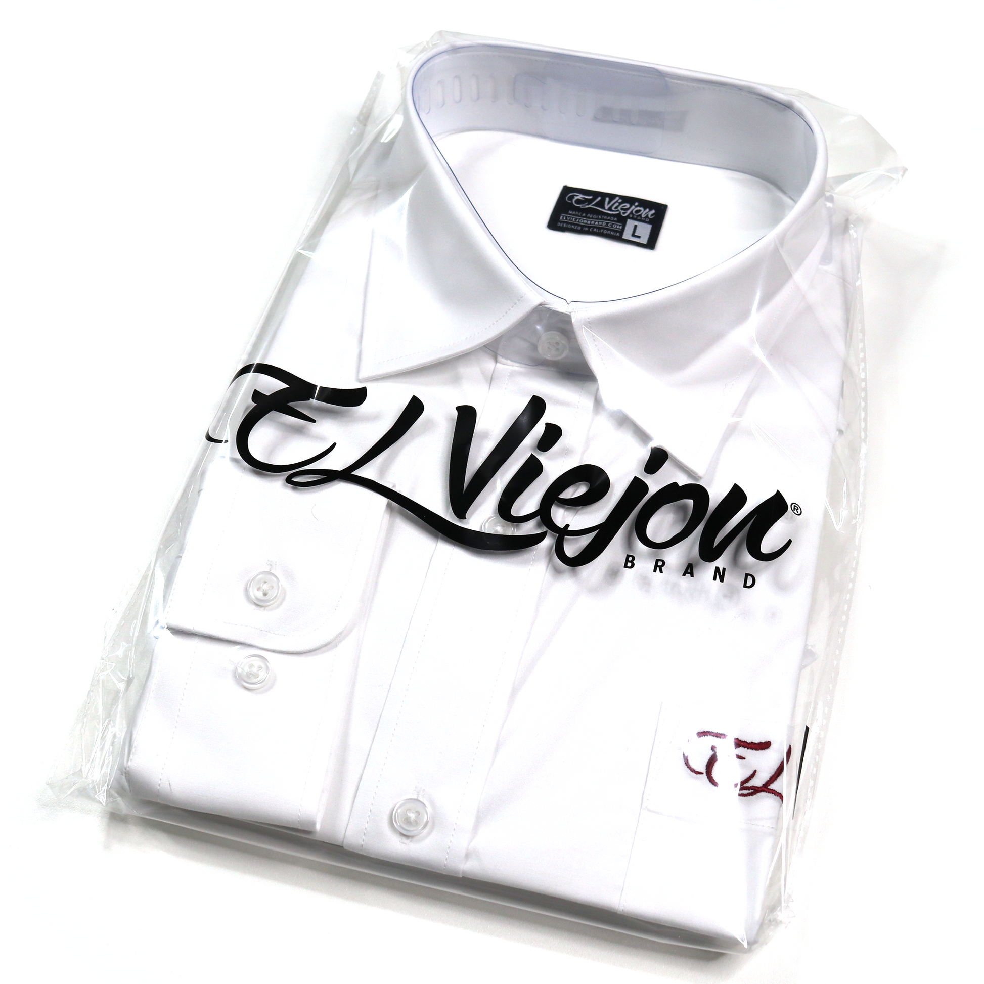 White El Viejon Brand long-sleeve dress shirt, size L, 97% cotton, in clear packaging.