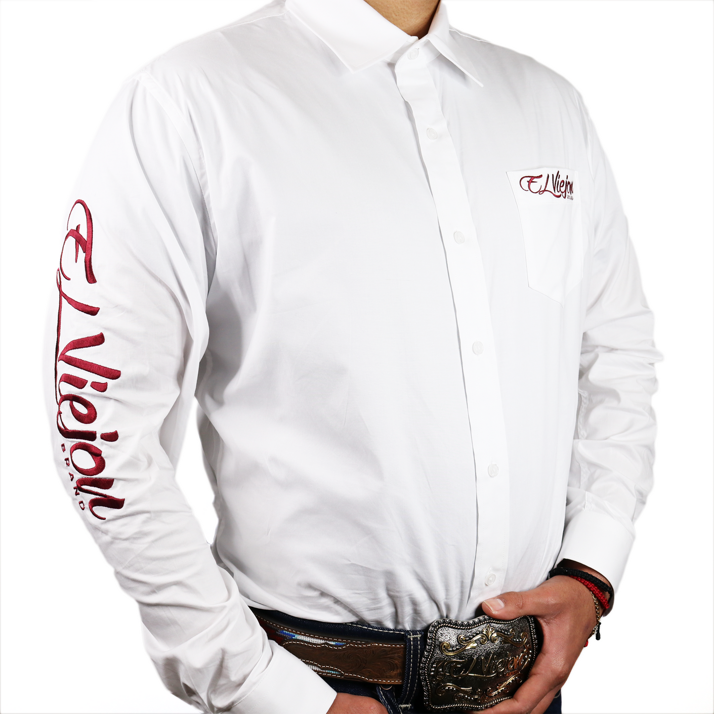 White long-sleeve dress shirt with straight collar, front pocket, and red "El Viejon Brand" embroidered logos.