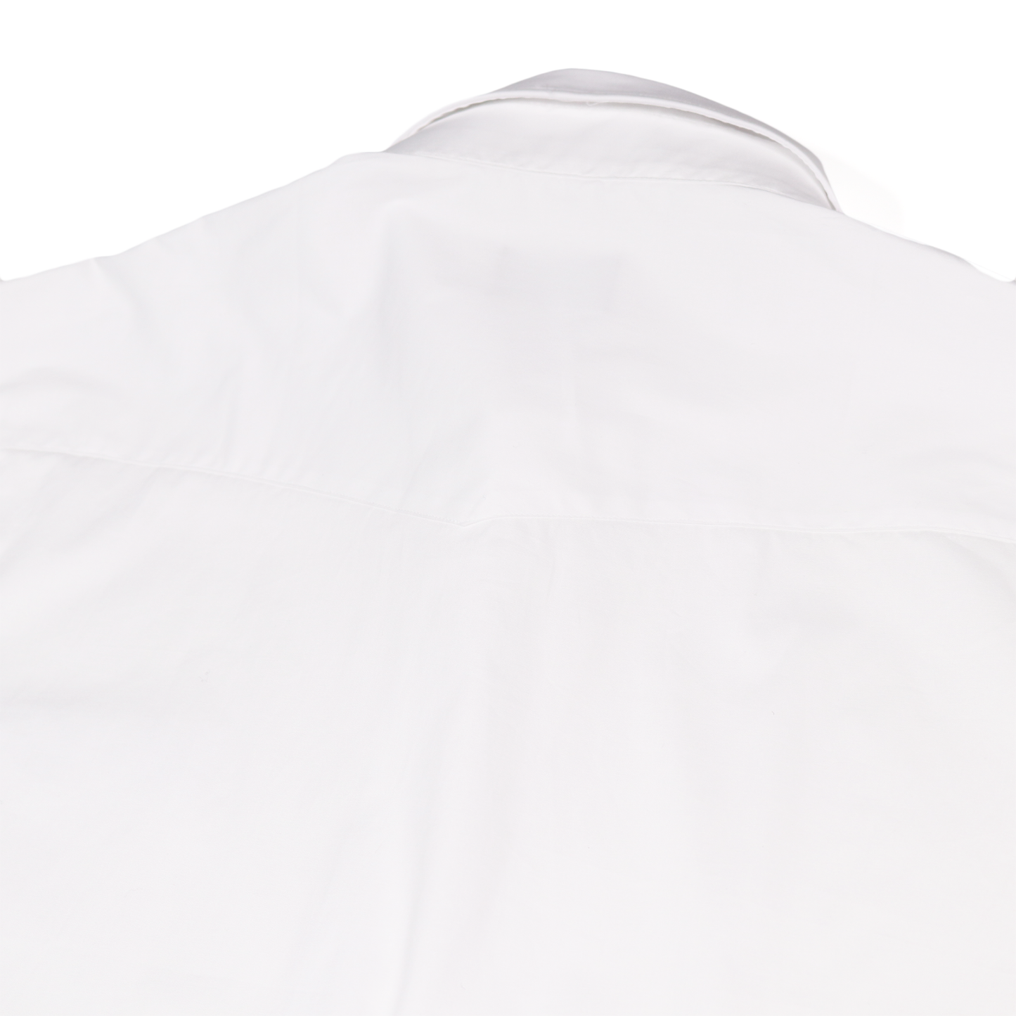 White dress shirt, 97% cotton/3% span, with straight collar and back yoke detail.