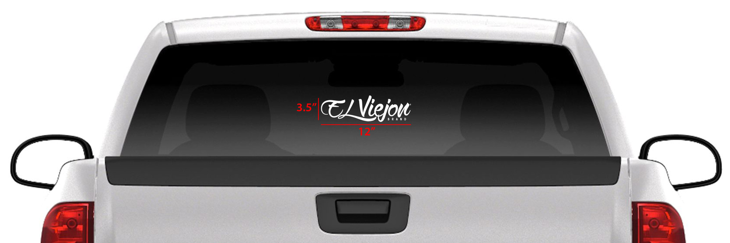 White El Viejon Brand 12" x 3.5" die-cut sticker on a truck's rear window.
