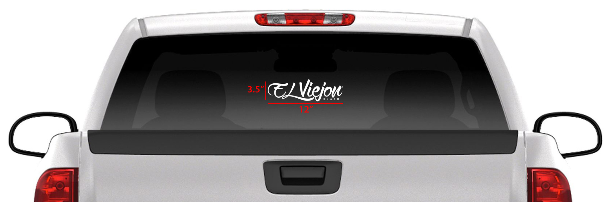 White El Viejon Brand 12" x 3.5" die-cut sticker on a truck's rear window.