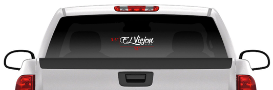 White El Viejon Brand 12" x 3.5" die-cut sticker on a truck's rear window.