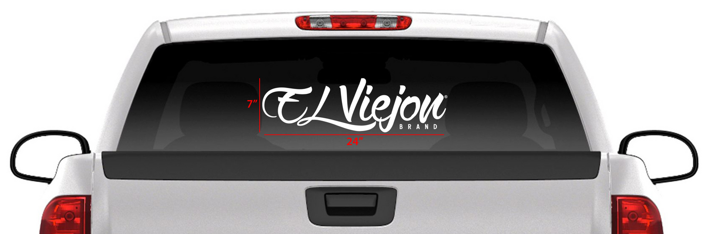 White El Viejon Brand 24" x 7" die-cut sticker on a truck's rear window.