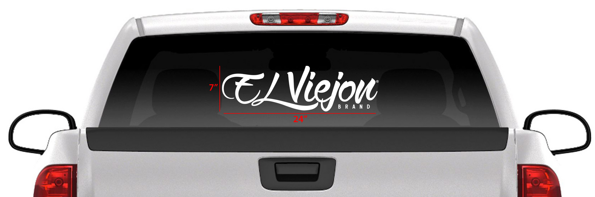 White El Viejon Brand 24" x 7" die-cut sticker on a truck's rear window.