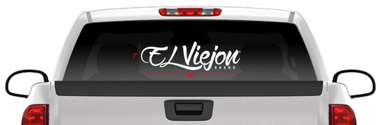White El Viejon Brand 24" x 7" die-cut sticker on a truck's rear window.