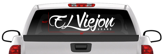 White El Viejon Brand 36" die-cut sticker on a truck's rear window.