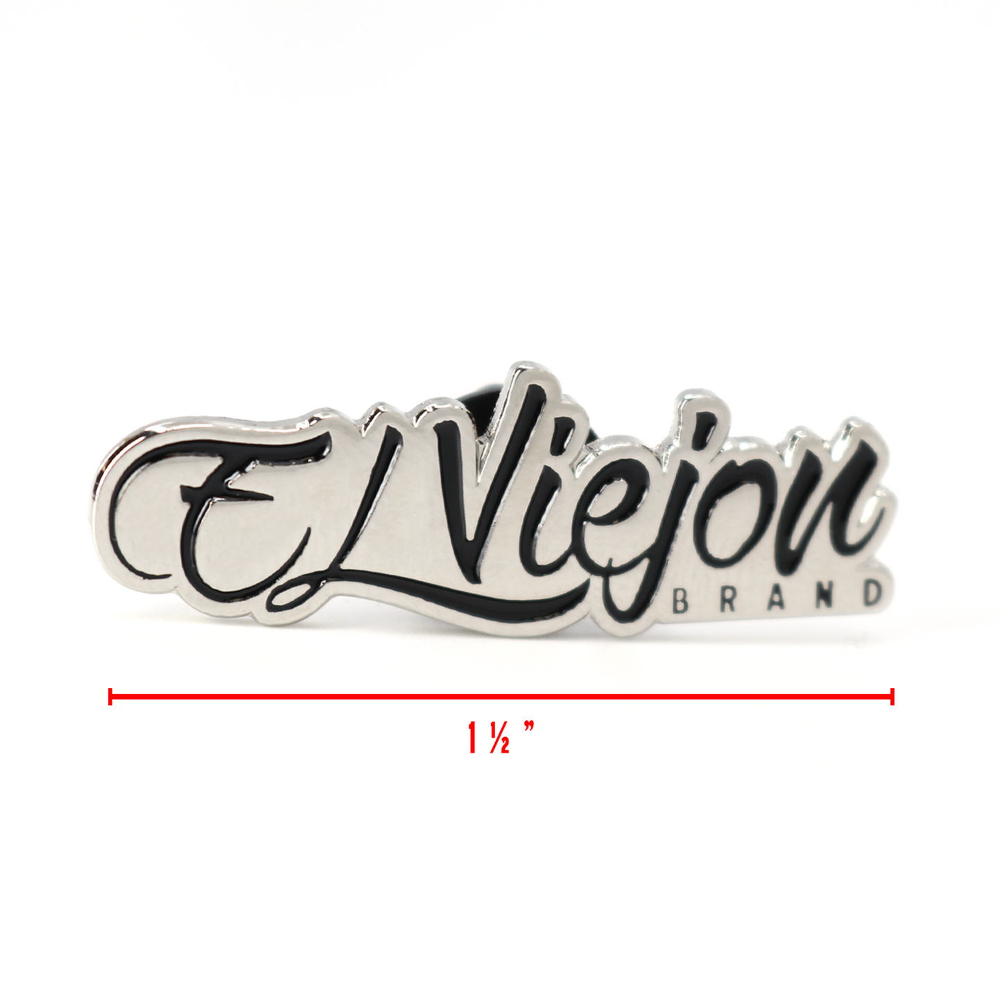 Shiny silver El Viejon Brand pin with black script lettering, 1 ½ inches long.