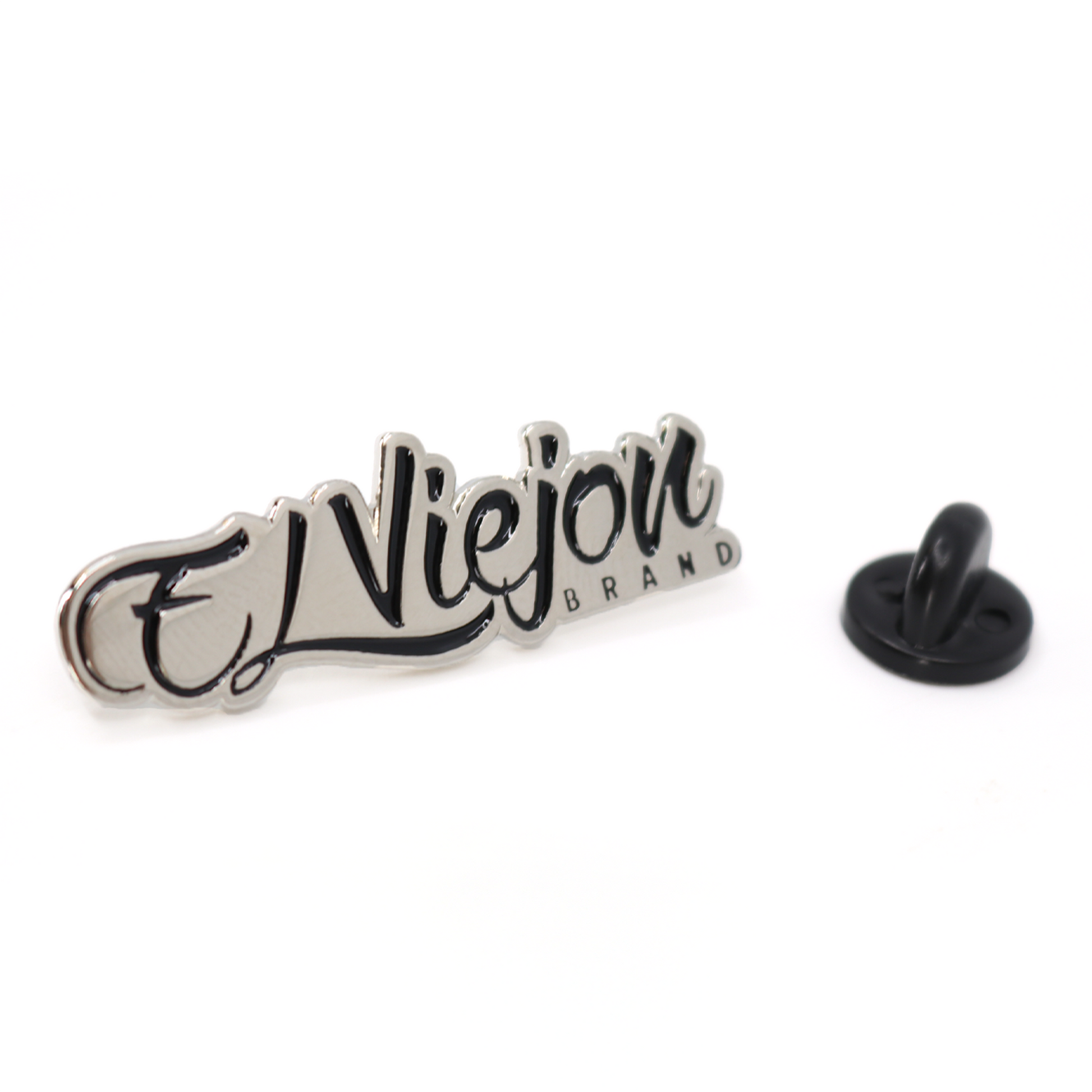 El Viejon Brand™ silver metal pin with black script logo and separate black rubber clutch.