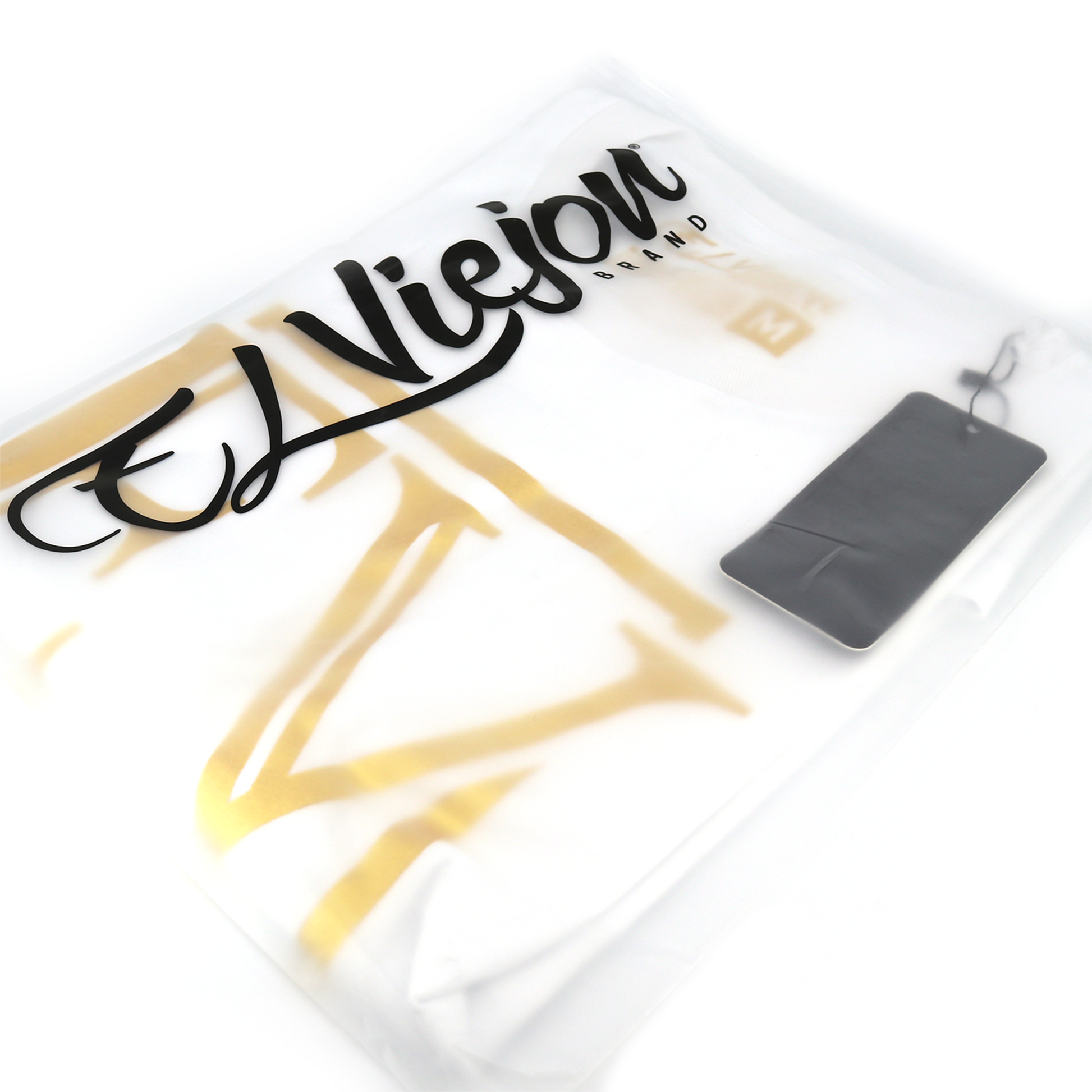 White Eminencia 100% cotton shirt in clear packaging, with black El Viejon Brand logo and size M tag.