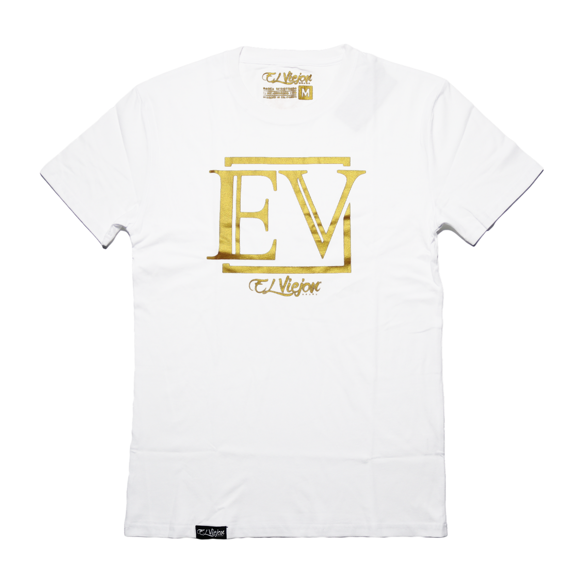 White Eminencia 100% cotton t-shirt with a large gold "EV" logo and "El Viejon" text.