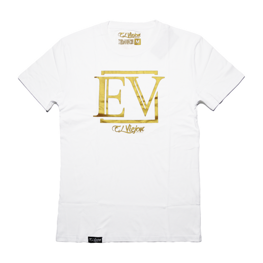 White Eminencia 100% cotton t-shirt with a large gold "EV" logo and "El Viejon" text.