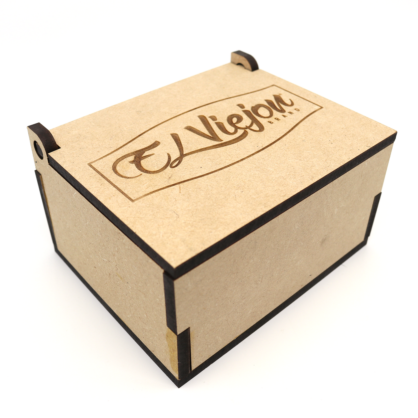 Caja de madera clara con el logo "El Viejon Brand" grabado en la tapa, para hebilla de niño.