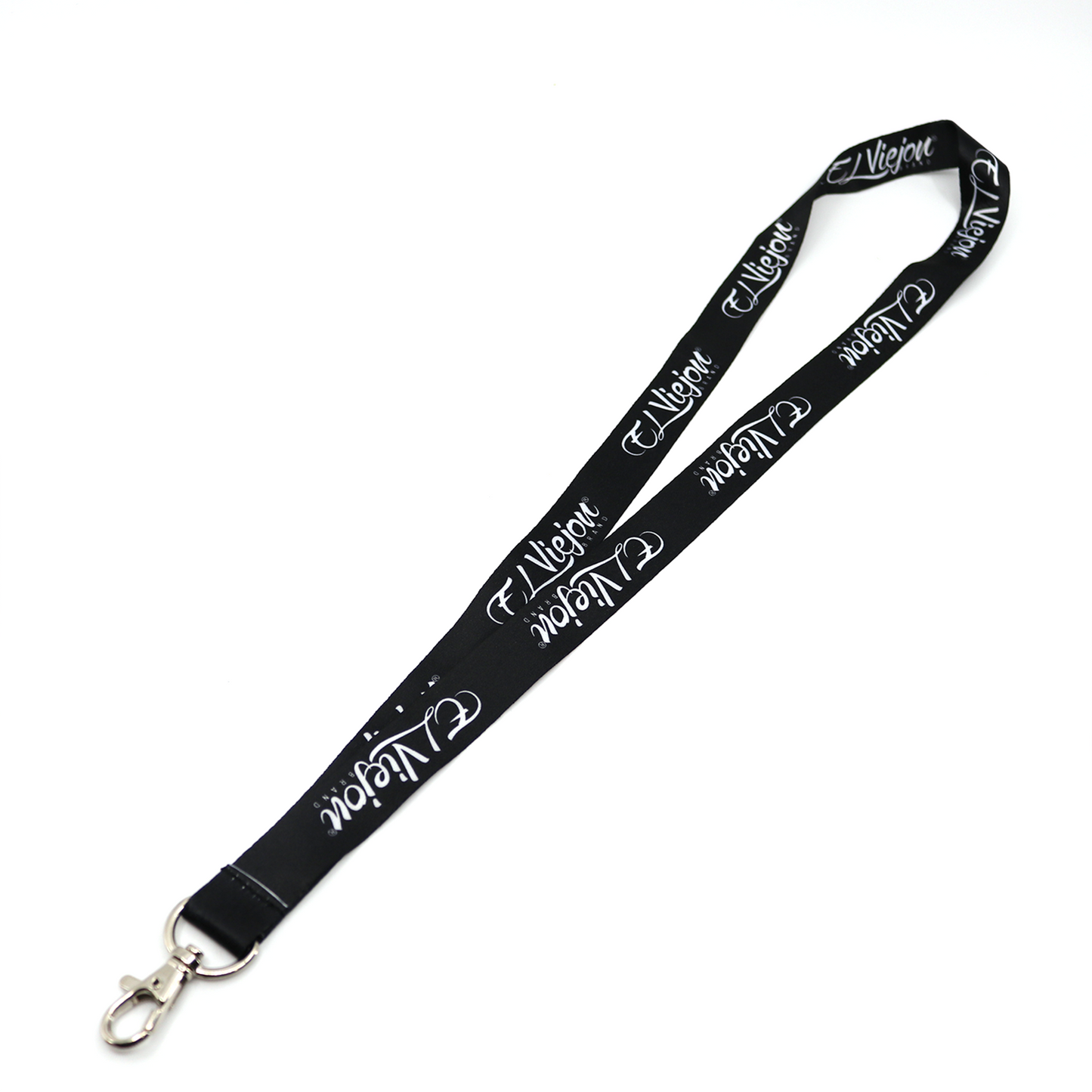 Black El Viejon brand lanyard with white script logo repeating, featuring a silver metal swivel clip.
