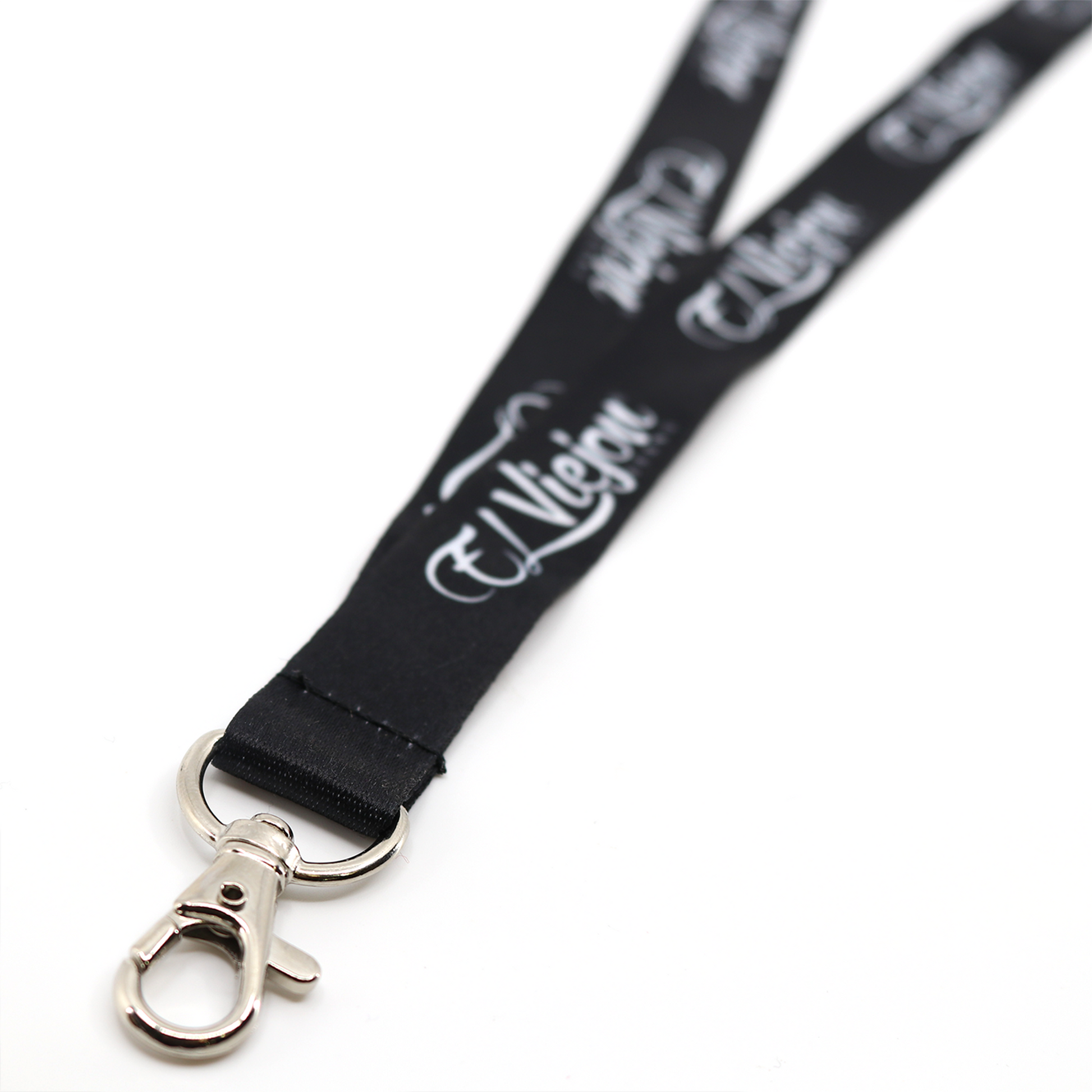 Black fabric El Viejon brand lanyard with white script logo and silver metal swivel clasp.