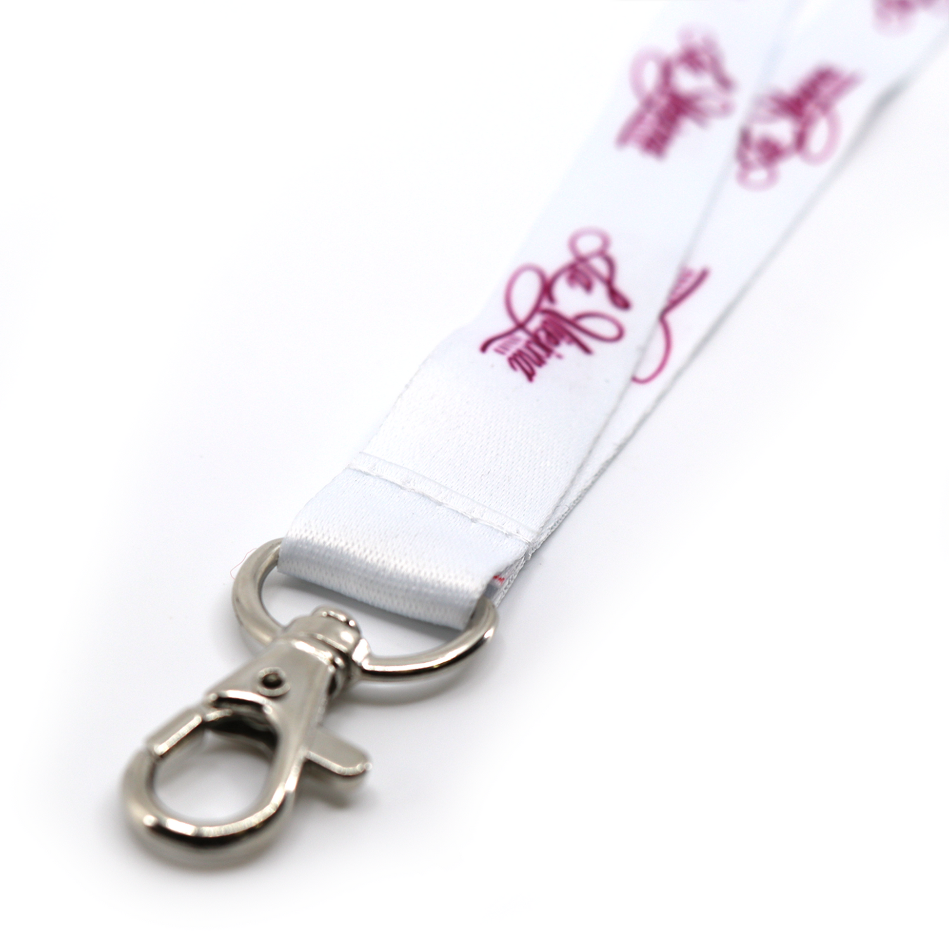 White La Viejona brand lanyard with repeating purple logo and silver metal swivel hook.