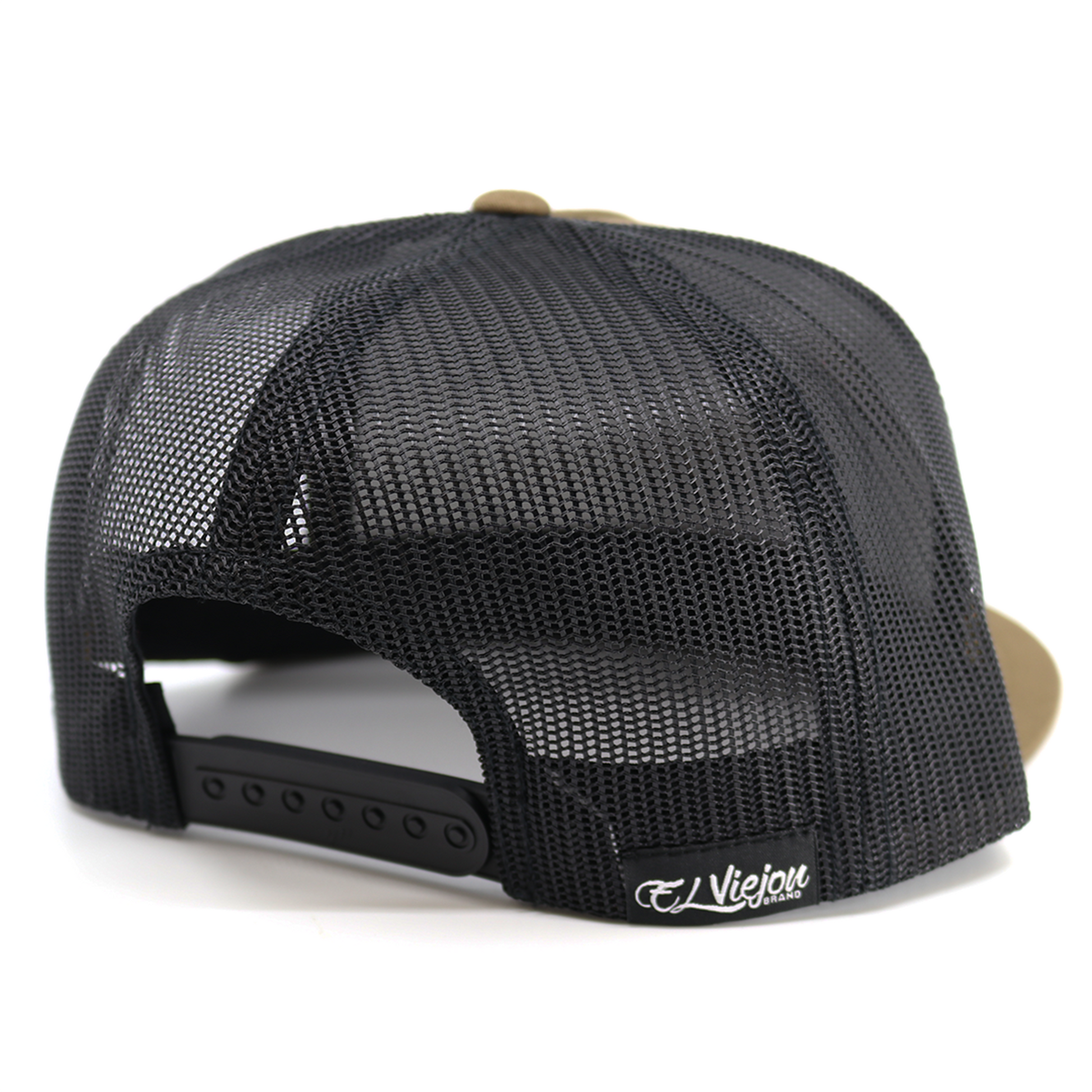EVPatch Coyote/Black flat visor trucker hat with black mesh back and adjustable snapback.