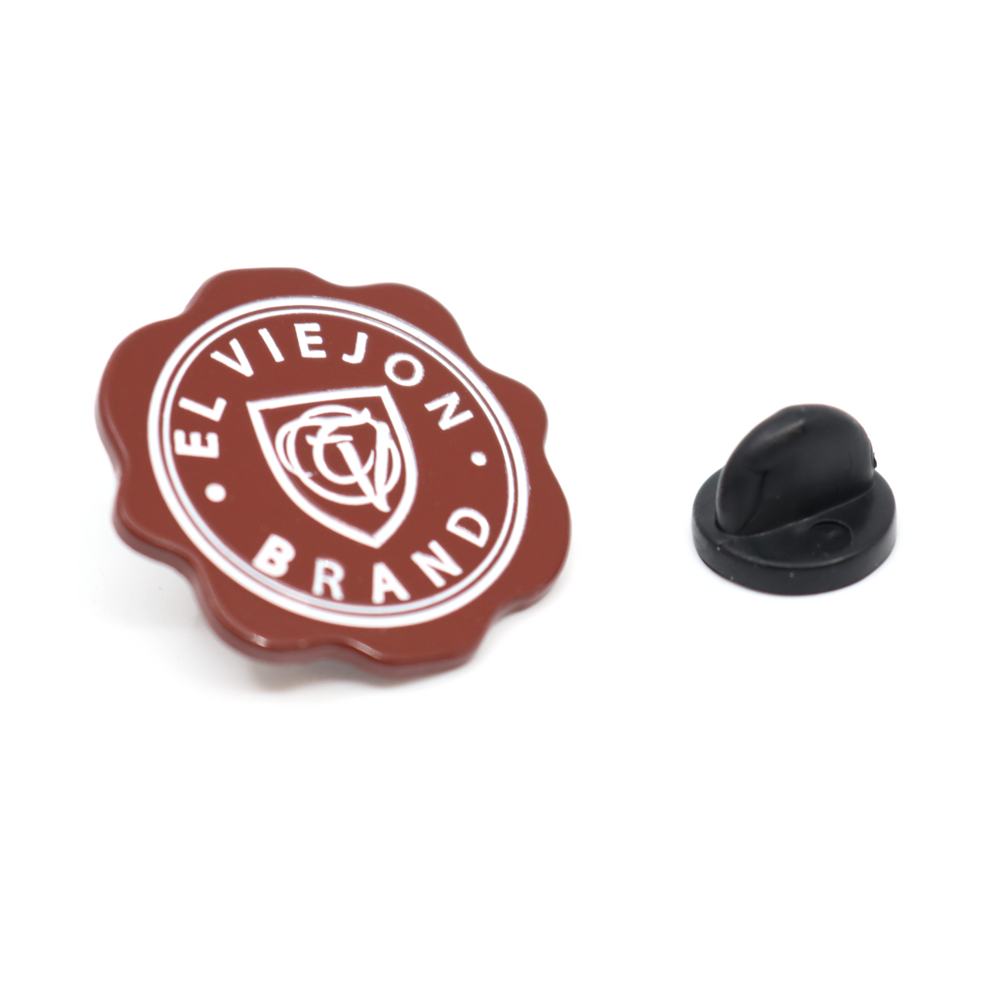 Sellito Rojo™ El Viejon Brand pin, red wax seal design with white text, and a black rubber clutch.